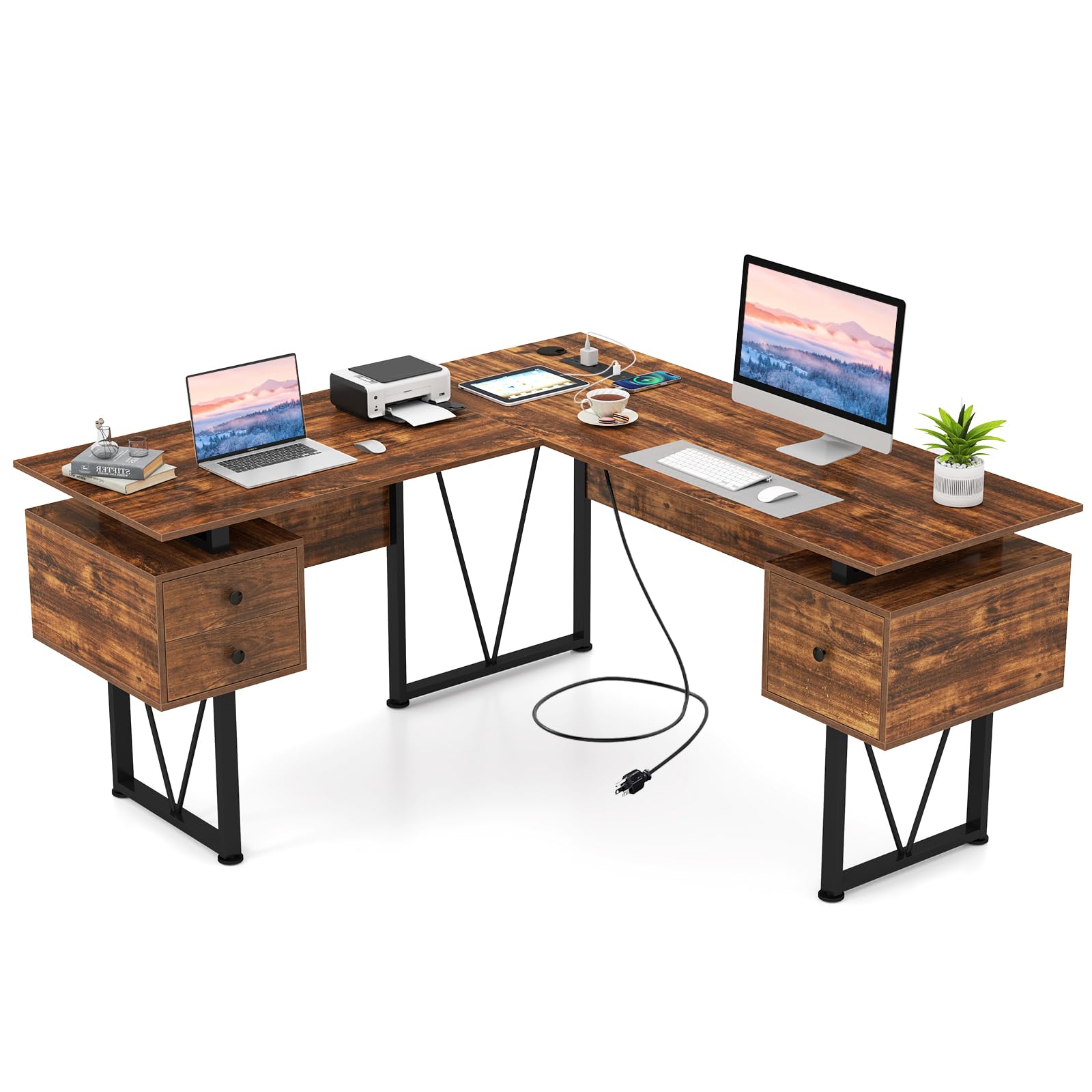 Tangkula 59" L-Shaped Office Desk with 3 Drawers & Charging Station